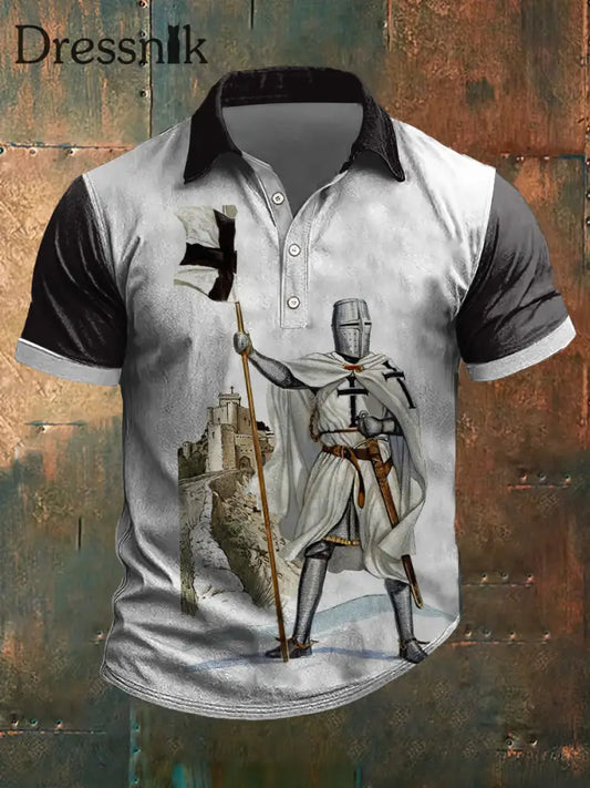 Männer-T-Shirt mit germanischen Ritterdruck Polo-Hals-Kurzarm Weiß / S