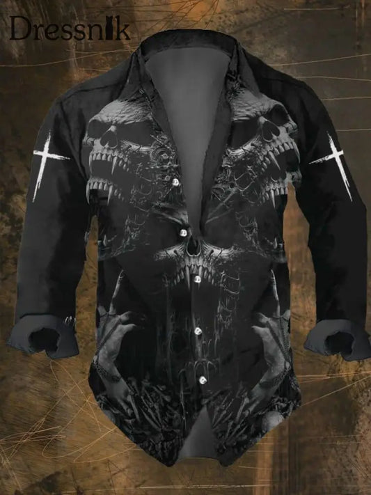 Männer Vintage Schädel Kreuz Kreuz Langarm Hemd Schwarz / S