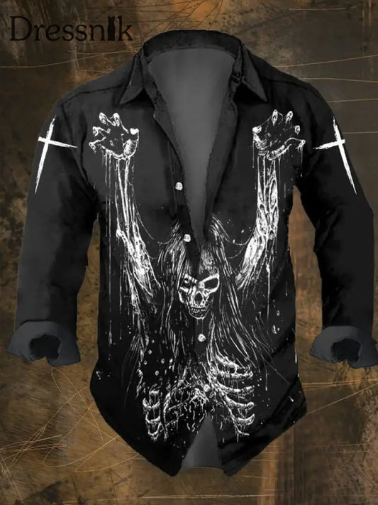 Männer Vintage Schädel Kreuz Kreuz Langarm Hemd Schwarz / S