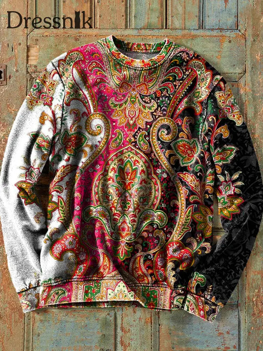 Männer Vintage Tribal Ethnische Symmetrische Blumen Kunst Druck Baumwolle Rundhals-Sweatshirt Bunt