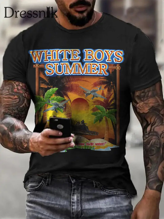 Männer weißer Junge Sommer bedrucktes Kurzarm-T-Shirt Schwarz / S