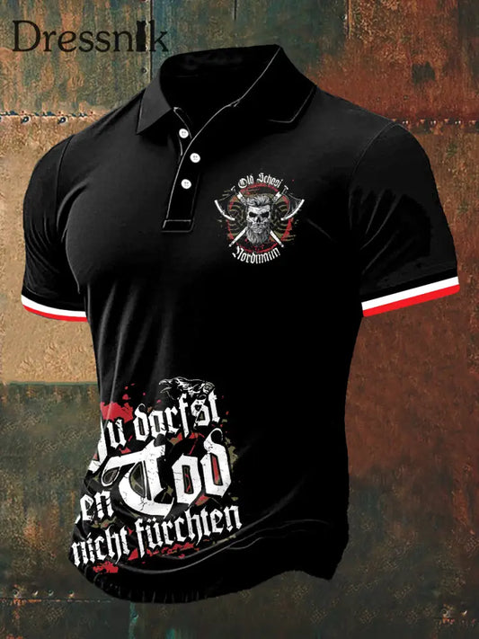 Männer Wikinger Krieger Print Polo Hals Kurzarm T-Shirt Schwarz / S
