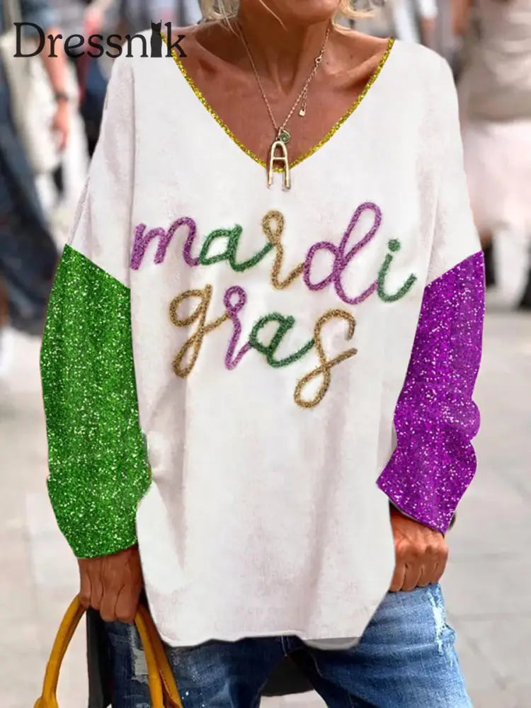 Mardi Gras Glitter Print Modische V-Ausschnitt Pullover Lässig Lose Langarm Top A / S