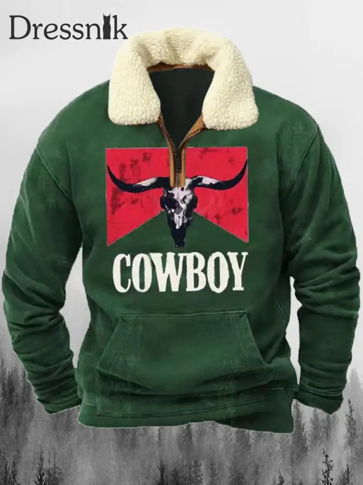 Marlboro Western Cowboy Bedruckt Revers Fluffy Kragen Reiß Verschluss Lässig Lose Sweatshirt A / S