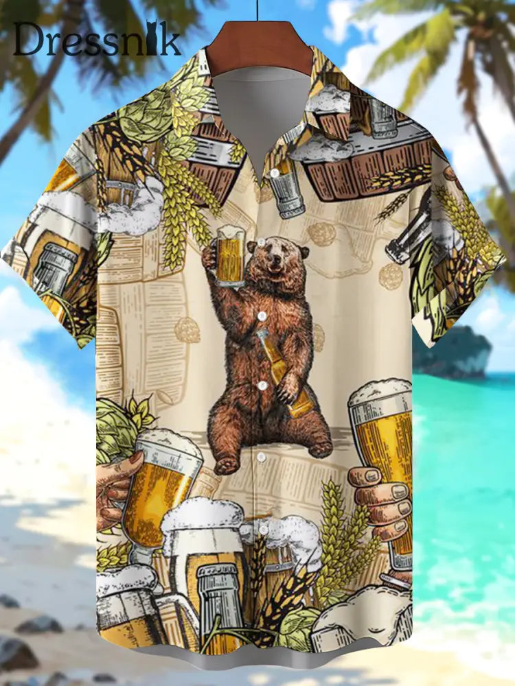 Men’s beer print short sleeve shirt As picture / S
