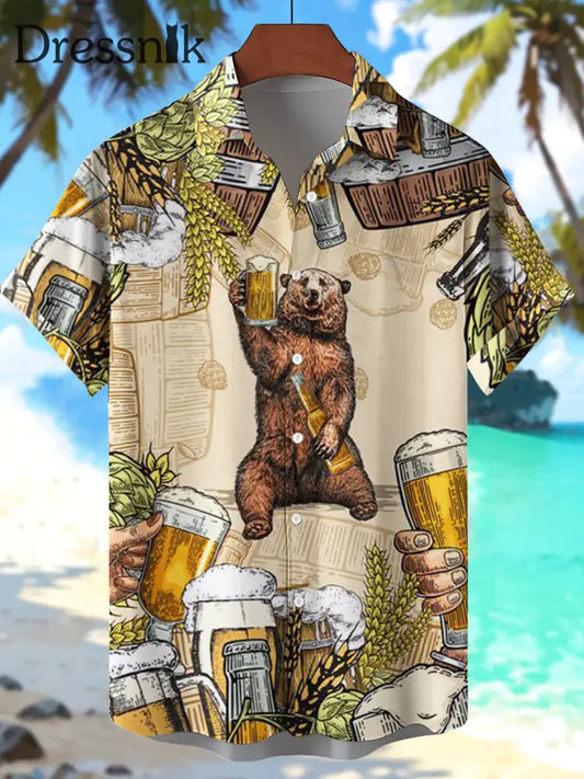 Men’s beer print short sleeve shirt As picture / S
