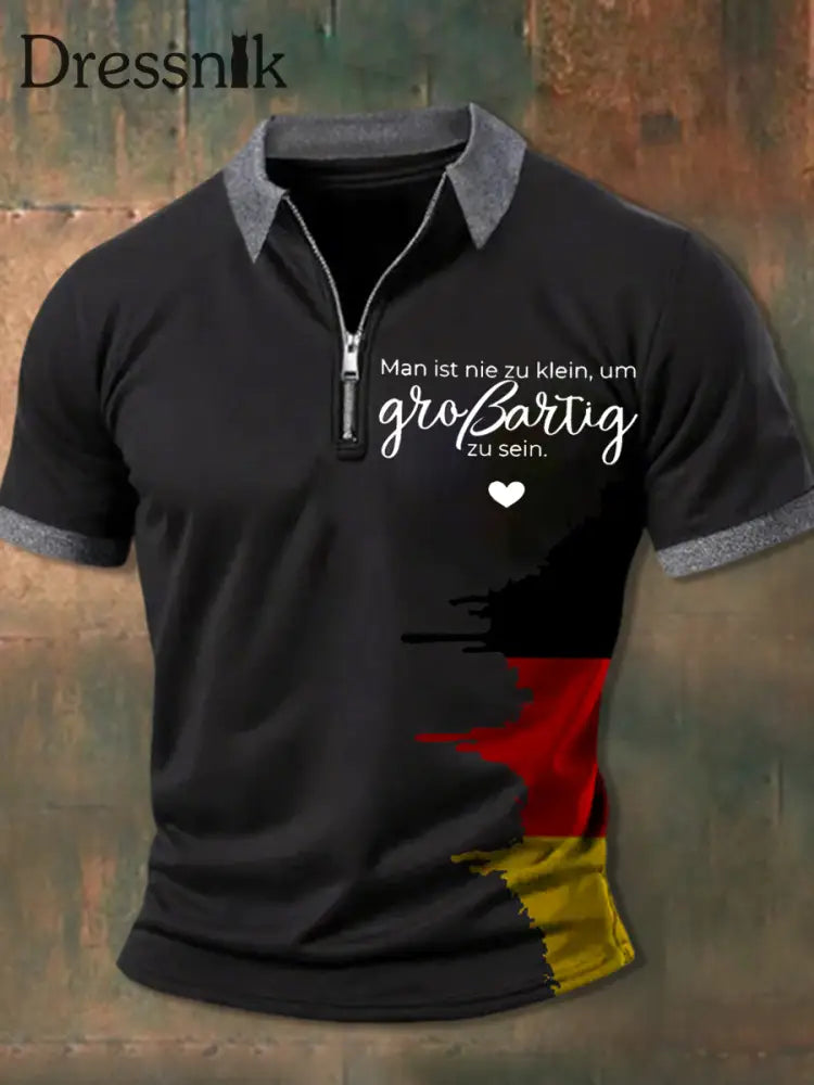 Men’s Man Ist Nie Zu Klein Um Grossartig Zu Sein Printed Zip-Up Polo Shirt Black / S