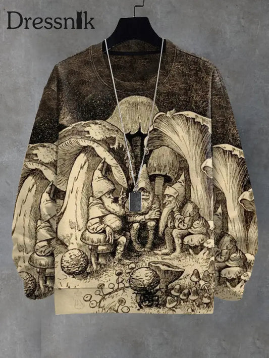 Men’s Vintage Mushroom Boho Illustration Print Casual Sweatshirt Khaki / S