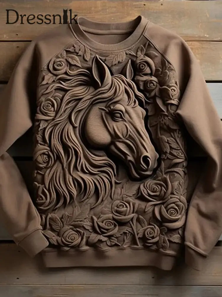 Men’s Western Embossed Horse Head Three-Dimensional Print Round Neck Casual Sweatshirt As Photo / S