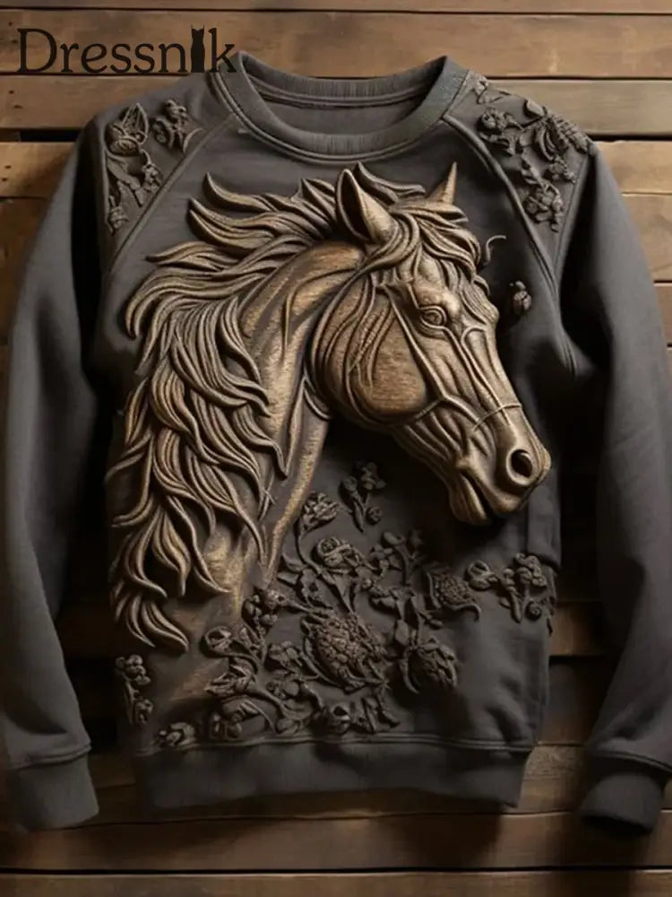 Men’s Western Horse Head Embossed Three-Dimensional Print Round Neck Casual Sweatshirt As Photo / S