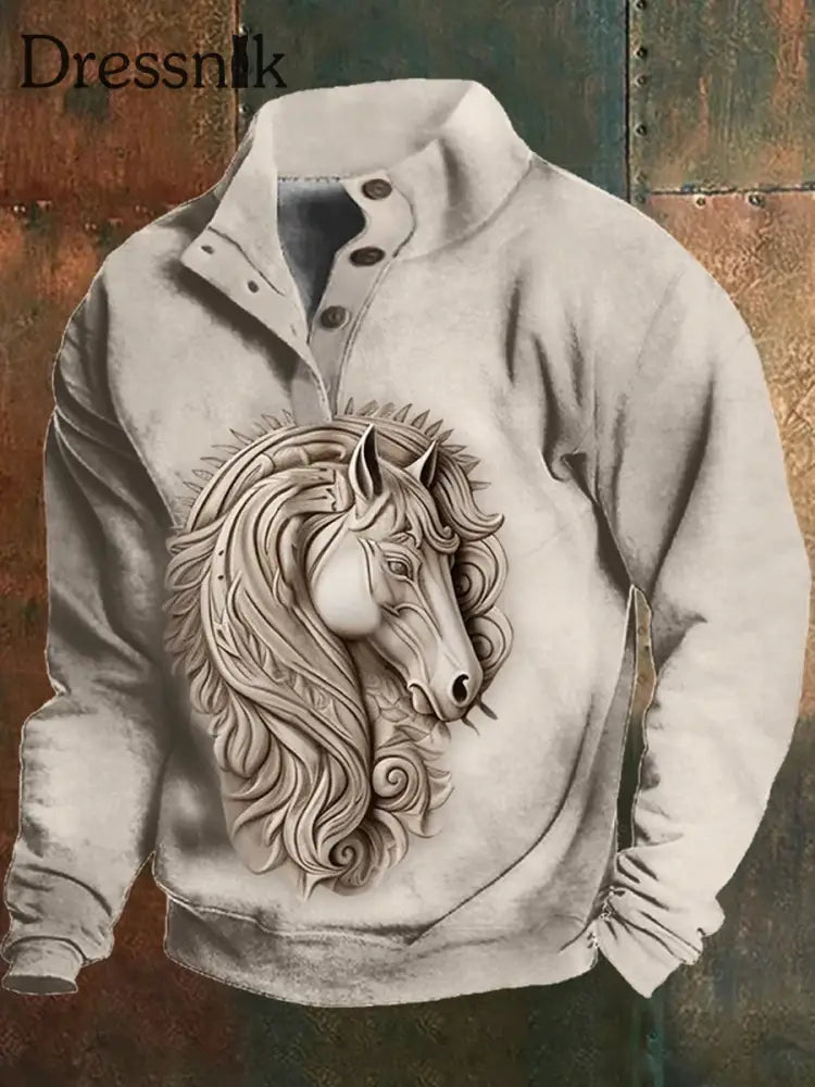 Men’s Western Horse Head Three-Dimensional Print Stand Collar Zipper Flush Outdoor Sweatshirt As