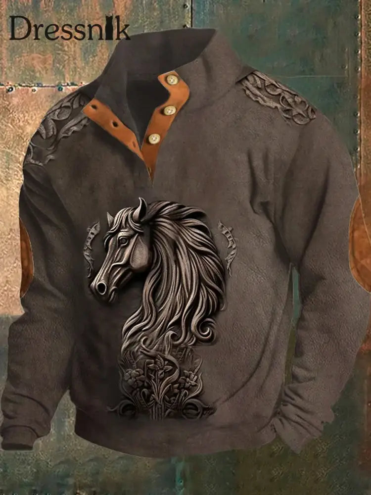 Men’s Western Three-Dimensional Embossed Horse Print Stand Collar Zipper Flush Outdoor Sweatshirt