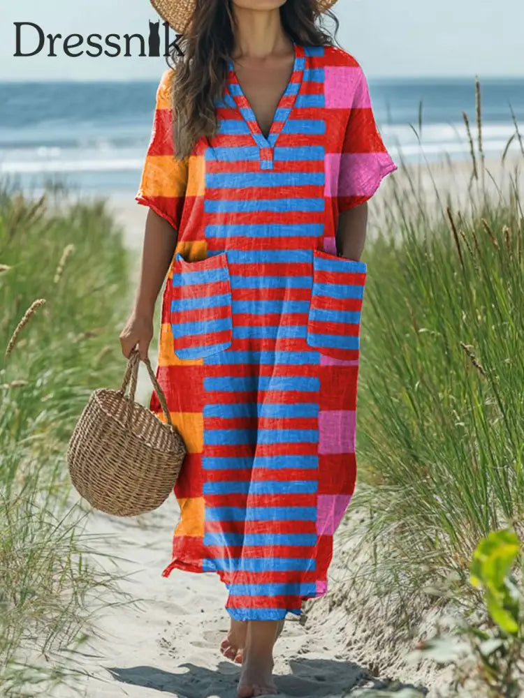 Mode moderne geometrische Streifen Kunstdruck V-Ausschnitt Kleid als bild / S
