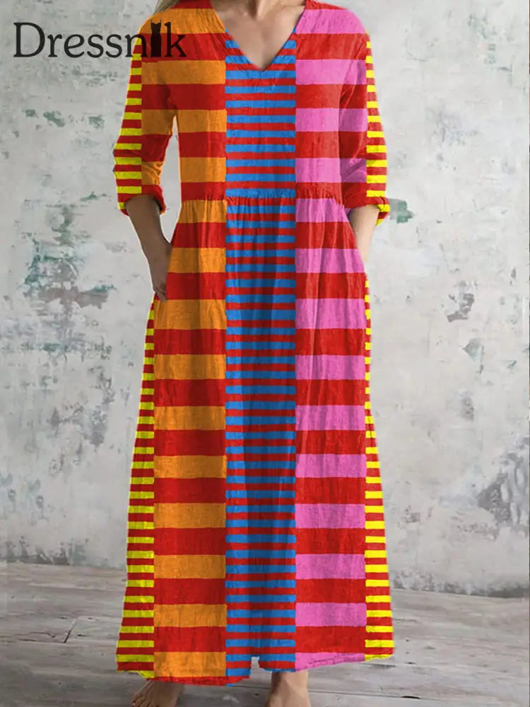Mode moderne geometrische Streifen Kunstdruck V-Ausschnitt Kleid als bild / S