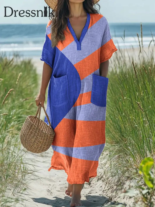 Mode moderne geometrische Streifen Kunstdruck V-Ausschnitt Kleid als bild / S