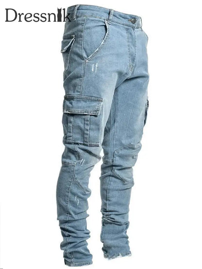 Mode Spleißen Lässig Gerade Bein Lange Mult Pocket Cargo Jeans Hellblau / S