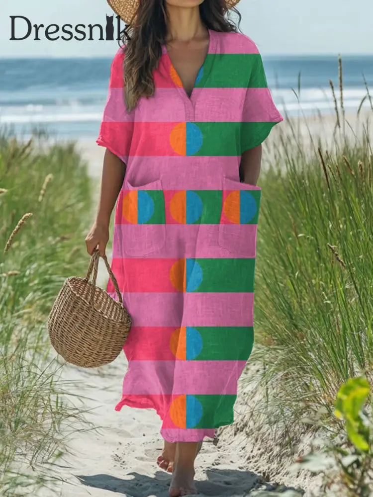 Moderne geometrische Streifen Kunstdruck V-Ausschnitt Kleid als bild / S