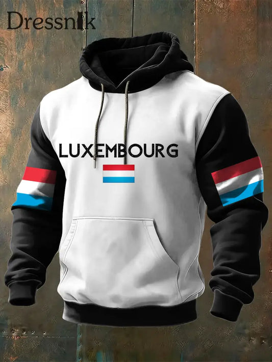 Moderner Zweifarbiger Kapuzen pullover mit Luxemburger Flagge für Herren mehrfarbig / S