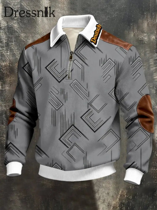 Modernes graues geometrisches ’Deutsch’ Leder-Akzent-Sweatshirt mit Reiß verschluss mehrfarbig / S