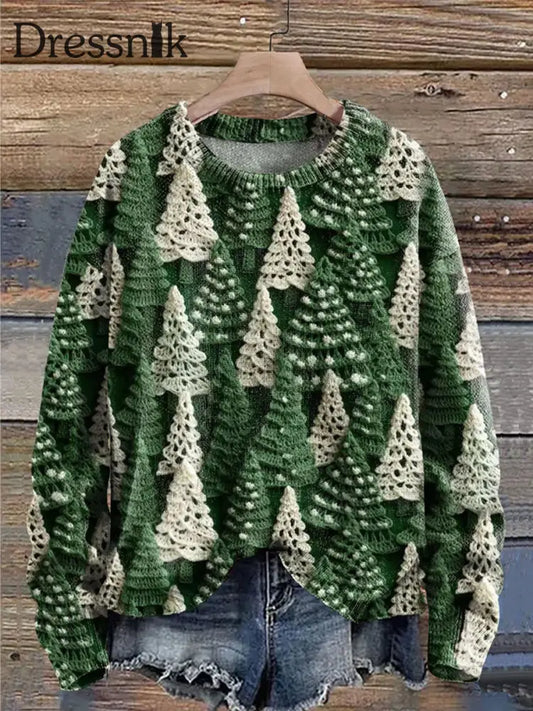 Modische Rundhals Pullover Langarm Sweatshirt Mit Weihnachtsbaum-Print