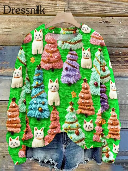 Modische Rundhals Pullover Langarm Sweatshirt Mit Weihnachtsbaum-Print