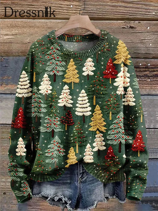 Modische Rundhals Pullover Langarm Sweatshirt Mit Weihnachtsbaum-Print