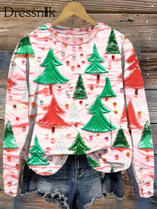 Modische Rundhals Pullover Langarm Sweatshirt Mit Weihnachtsbaum-Print