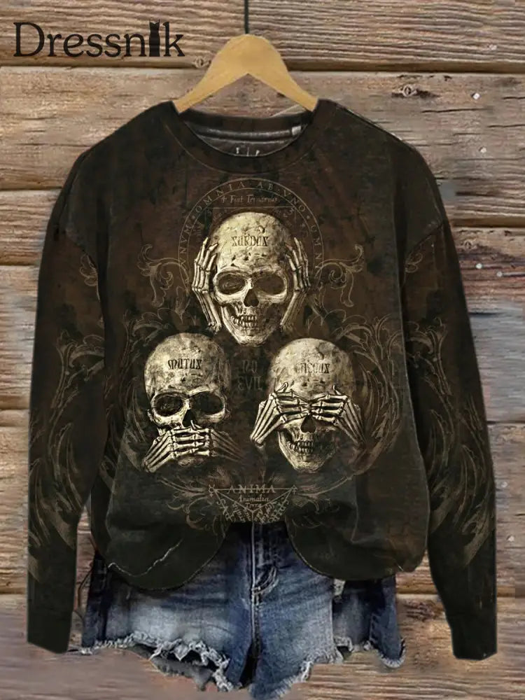 Modische Rundhals-Pullover Mit Dunklem Totenkopf Langarm-Oberteil