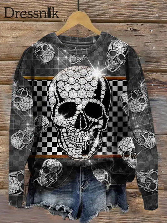 Modische Rundhals-Pullover Mit Dunklem Totenkopf Langarm-Oberteil