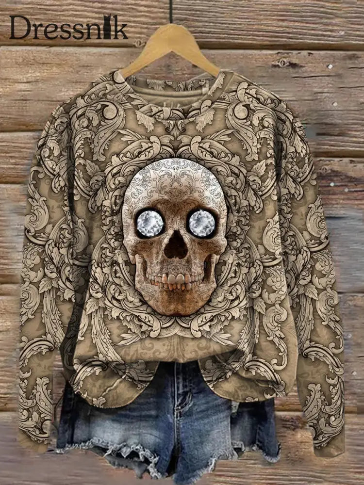 Modische Rundhals-Pullover Mit Dunklem Totenkopf Langarm-Oberteil