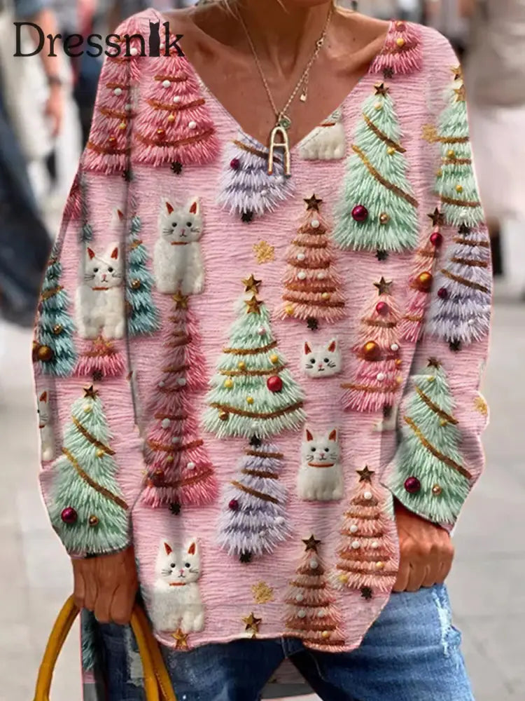 Modische V-Ausschnitt Top Mit Retro Weihnachts Baum Und Katze Niedlichen Print