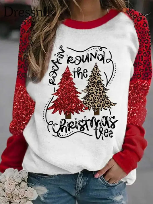 Modischer Pullover Mit Rundhals Ausschnitt Langärmliges Sweatshirt Retro-Weihnachtsbaum-Print