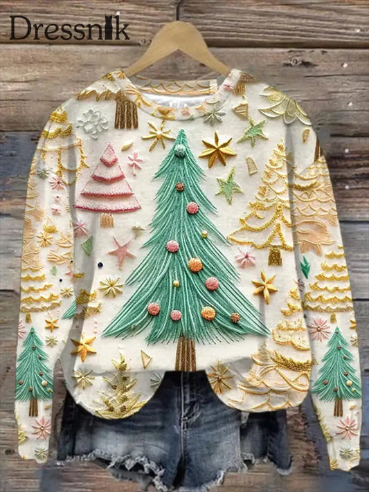 Modischer Pullover Mit Rundhals Ausschnitt Langärmliges Sweatshirt Retro-Weihnachtsbaum-Print