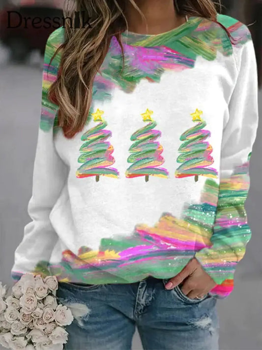 Modischer Pullover Mit Rundhals Ausschnitt Langärmliges Sweatshirt Retro-Weihnachtsbaum-Print