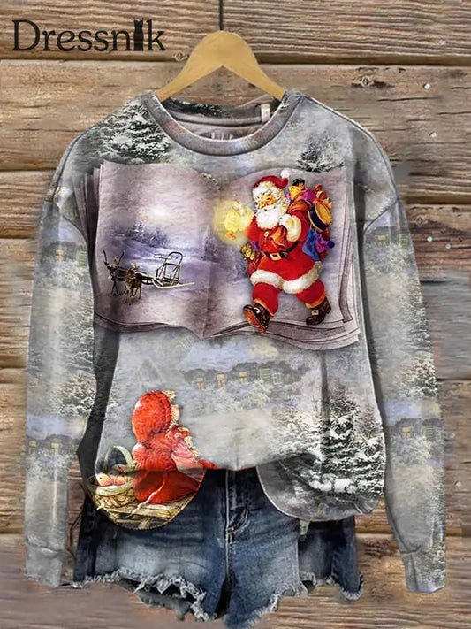 Modischer Pullover Mit Rundhals Ausschnitt Langärmliges Sweatshirt Retro-Weihnachtsmann-Print