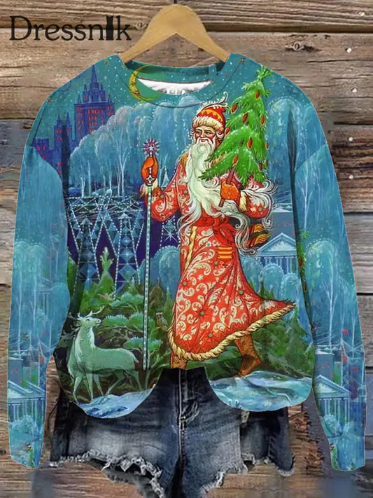 Modischer Pullover Mit Rundhals Ausschnitt Langärmliges Sweatshirt Retro-Weihnachtsmann-Print