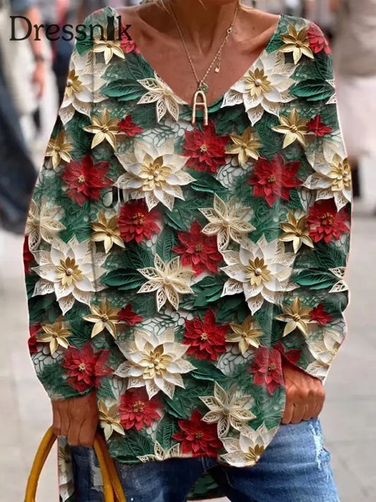 Modischer Pullover Mit V-Ausschnitt Lang Ärmel Iger Weihnachts Blumen Druck