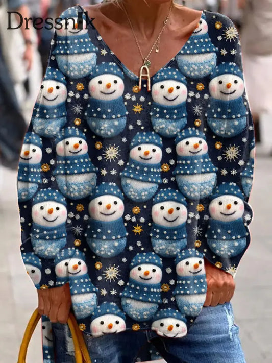 Modischer Pullover Mit V-Ausschnitt Lang Ärmel Iger Weihnachts Schneemann Druck