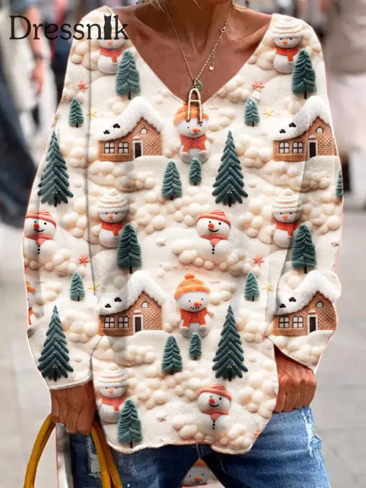 Modischer Pullover Mit V-Ausschnitt Lang Ärmel Iger Weihnachtsbaum-Print