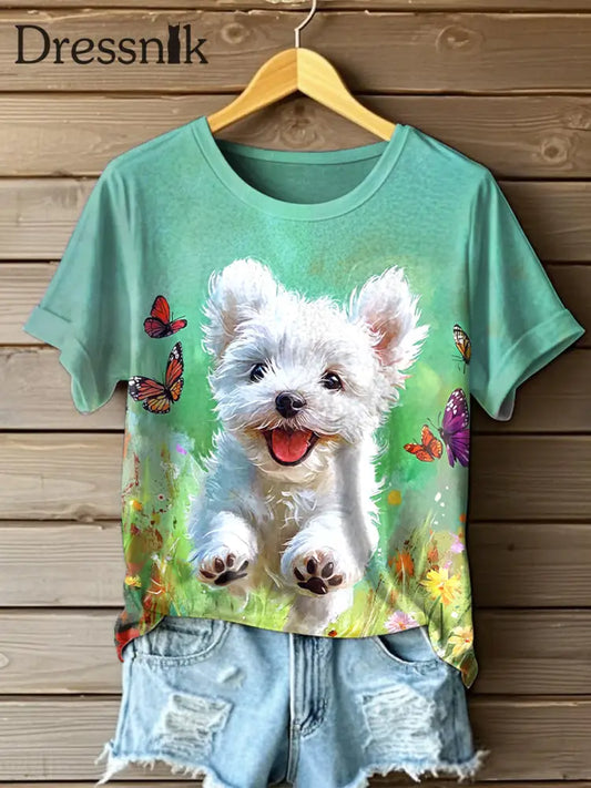 Niedliches Hunde ölgemälde Kunst Kurzarm T-Shirt für Frauen als bild / S