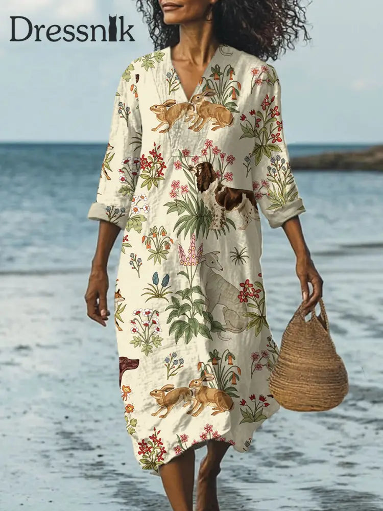 Niedliches Tier kunstdruck Kleid mit breitem V-Ausschnitt als bild / S