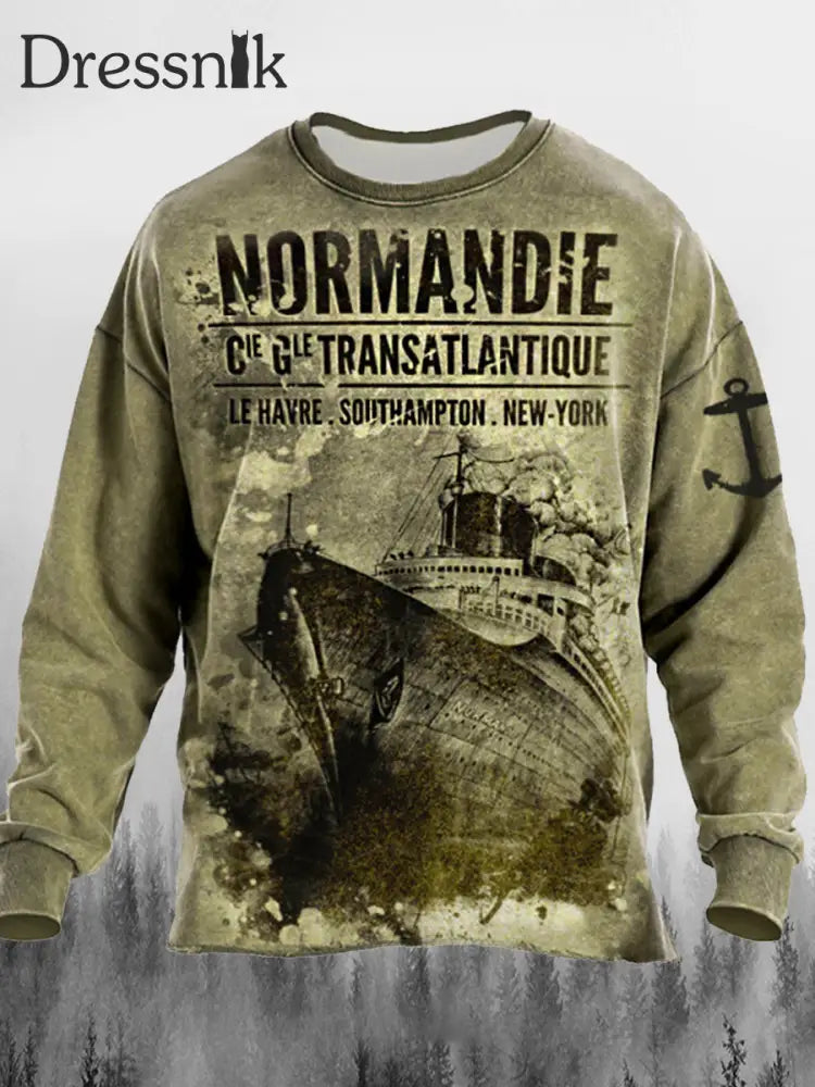 Normandie Trans Atlant Ique Bedrucktes Rundhals-Sweatshirt Lose Langarm A / S