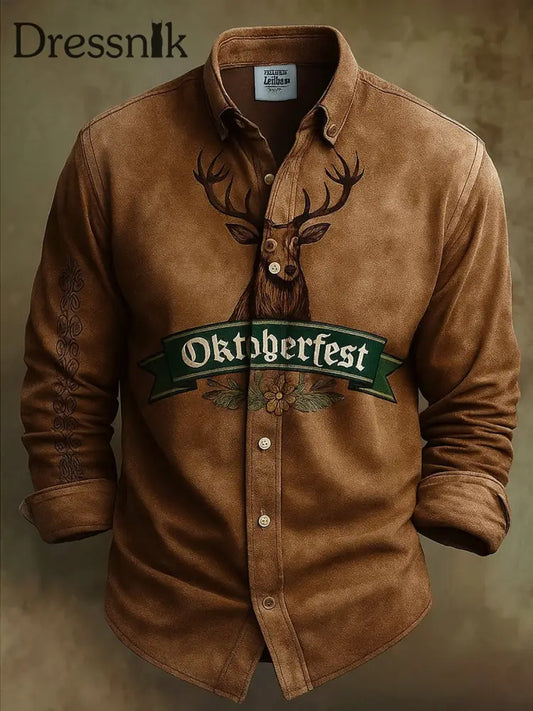 Oktoberfest Hirschhosen bedruckte Baumwolle Vintage Casual 100% Baumwolle Langarm Hemd A / S