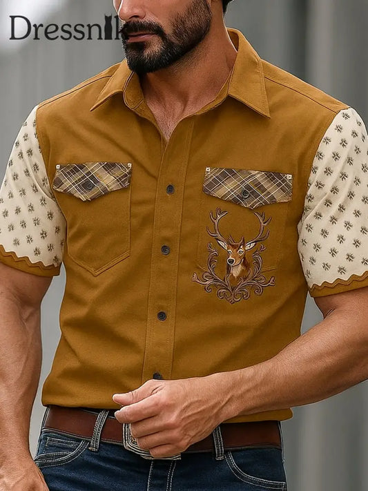 Oktoberfest Hirschhosen Künstlerisch bedruckt Vintage Retro Style V-Ausschnitt Langarm Hemd