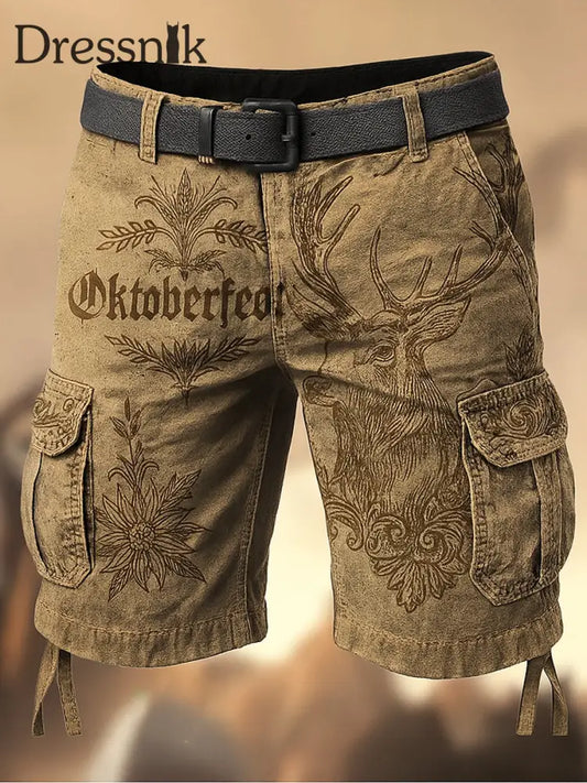 Oktoberfest-Hirschhosen Künstlerisch bedruckte Textur mit Kordel zug Taschen-Freizeit-Cargo-Shorts A / M