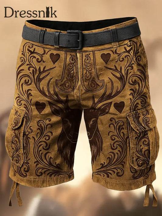 Oktoberfest-Hirschhosen Künstlerisch bedruckte Textur mit Kordel zug Taschen-Freizeit-Cargo-Shorts A / M