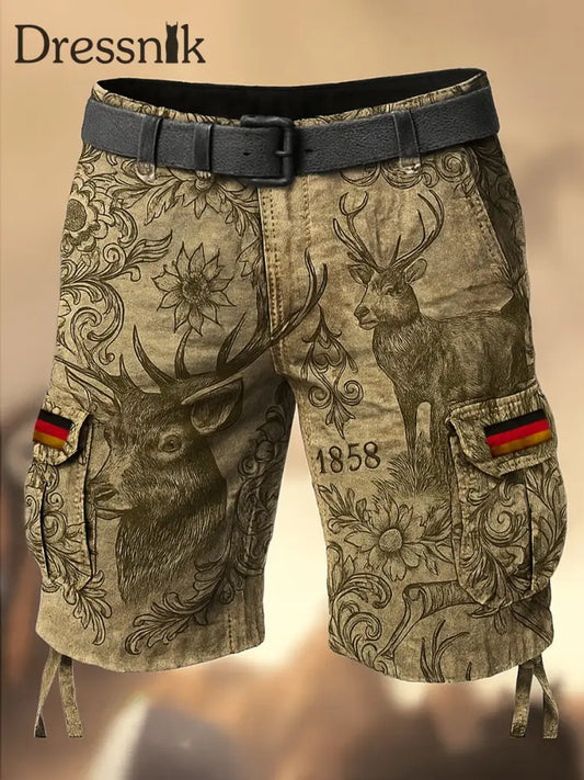 Oktoberfest-Hirschhosen Künstlerisch bedruckte Textur mit Kordel zug Taschen-Freizeit-Cargo-Shorts A / M