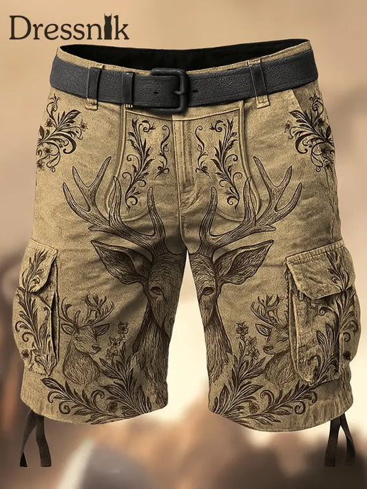 Oktoberfest-Hirschhosen Künstlerisch bedruckte Textur mit Kordel zug Taschen-Freizeit-Cargo-Shorts A / M