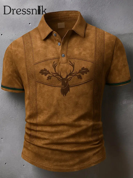 Oktoberfest Hirschhosen Künstlerisch bedrucktes athletisches Retro-Stil V-Ausschnitt Kurzarm Polo-Shirt A / S