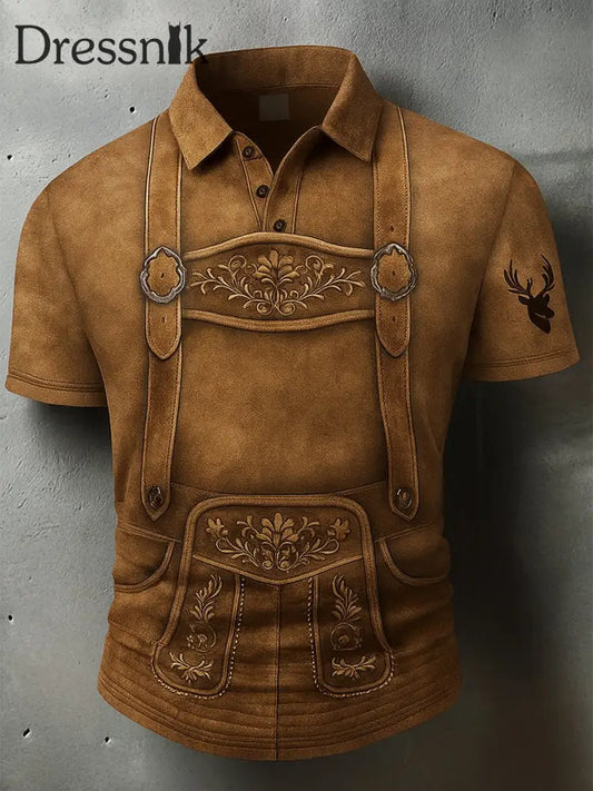 Oktoberfest Hirschhosen Künstlerisch bedrucktes athletisches Retro-Stil V-Ausschnitt Kurzarm Polo-Shirt A / S